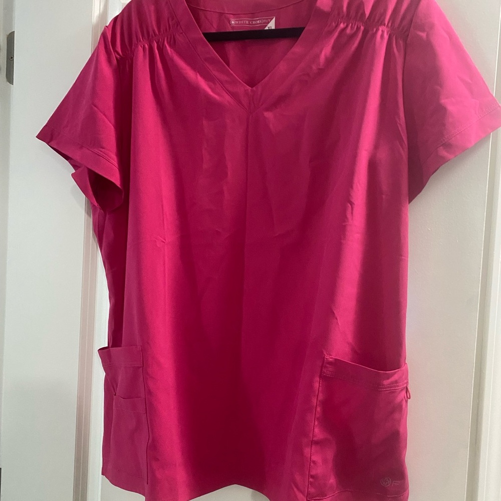 Women's White Cross Fit Pink Scrub Top